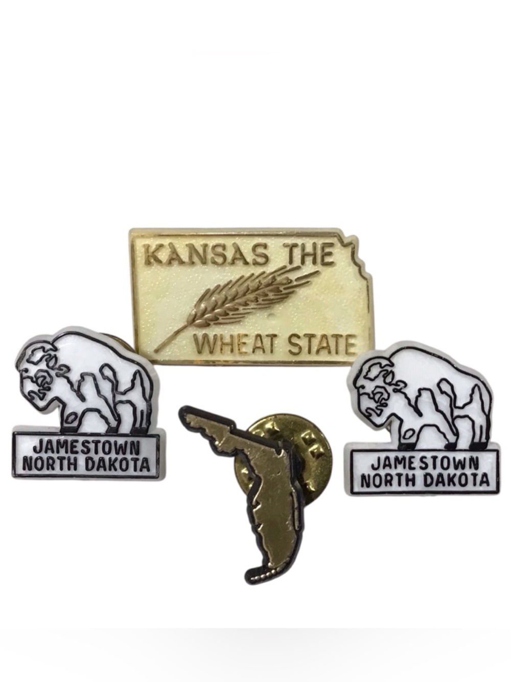 4 State Pins Florida Kansas Jamestown North Dakota Plastic Metal Vtg